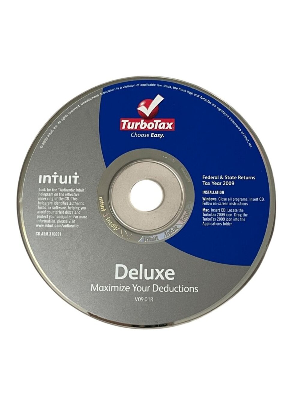 TurboTax Deluxe 2009 PC CD-ROM Federal + State Replacement Disk Only